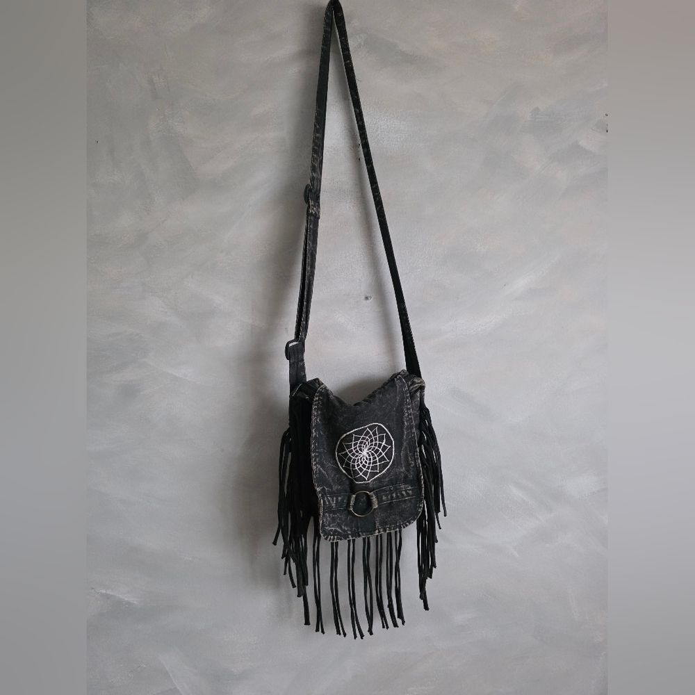 Stonewash Cotton Handbag Embroidered Messenger Crossbody Fringe 10x10 Unisex